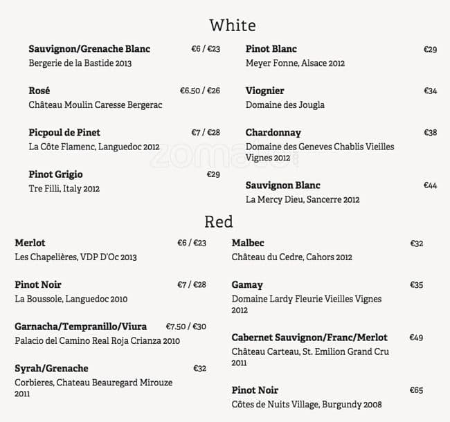 Menu at Déjà Vu restaurant, Dublin