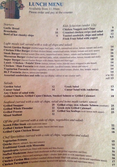 Menu at Secret Garden Cafe & Patisserie, South Perth, 64 Angelo St