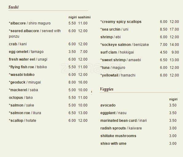 Chiso Sushi & Izakaya menu