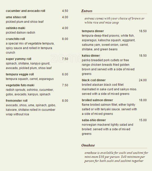 Chiso Sushi & Izakaya menu