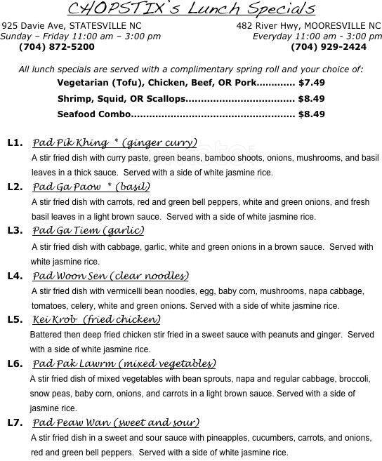 Chopstix Menu, Menu for Chopstix, Mooresville, Charlotte Urbanspoon