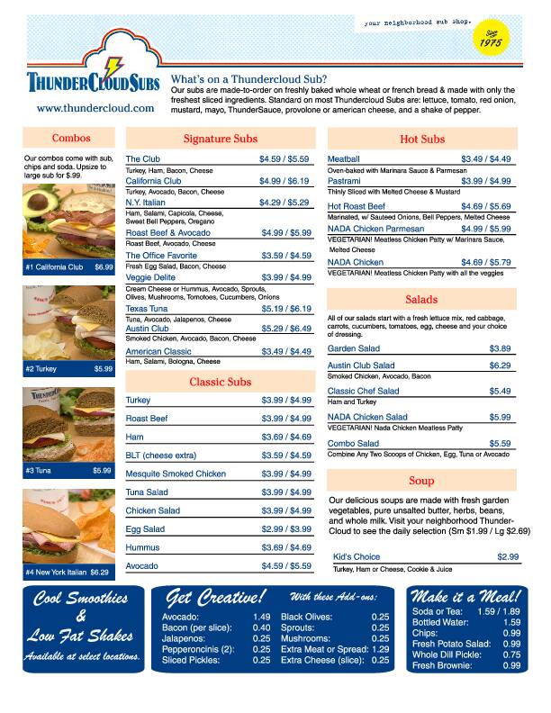 Thundercloud Subs Menu, Menu for Thundercloud Subs, Stone Oak ...