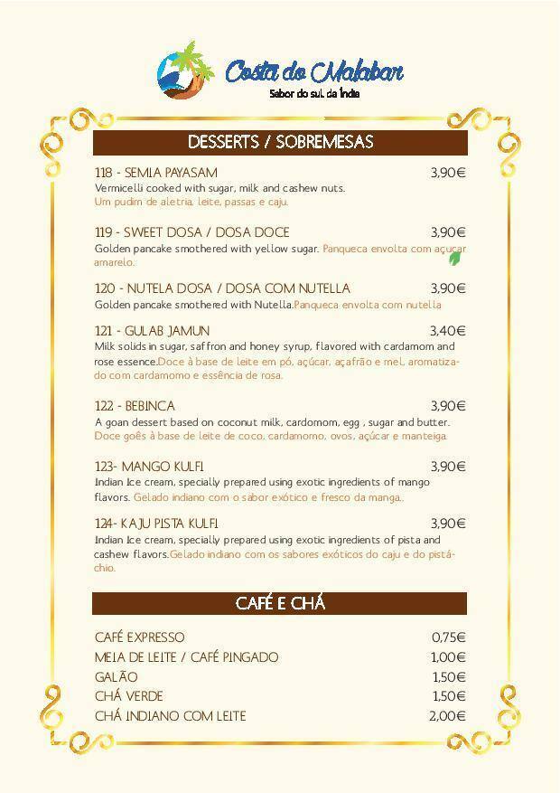 Costa Do Malabar Menu Menu Restauracji Costa Do Malabar Arroios Lisboa