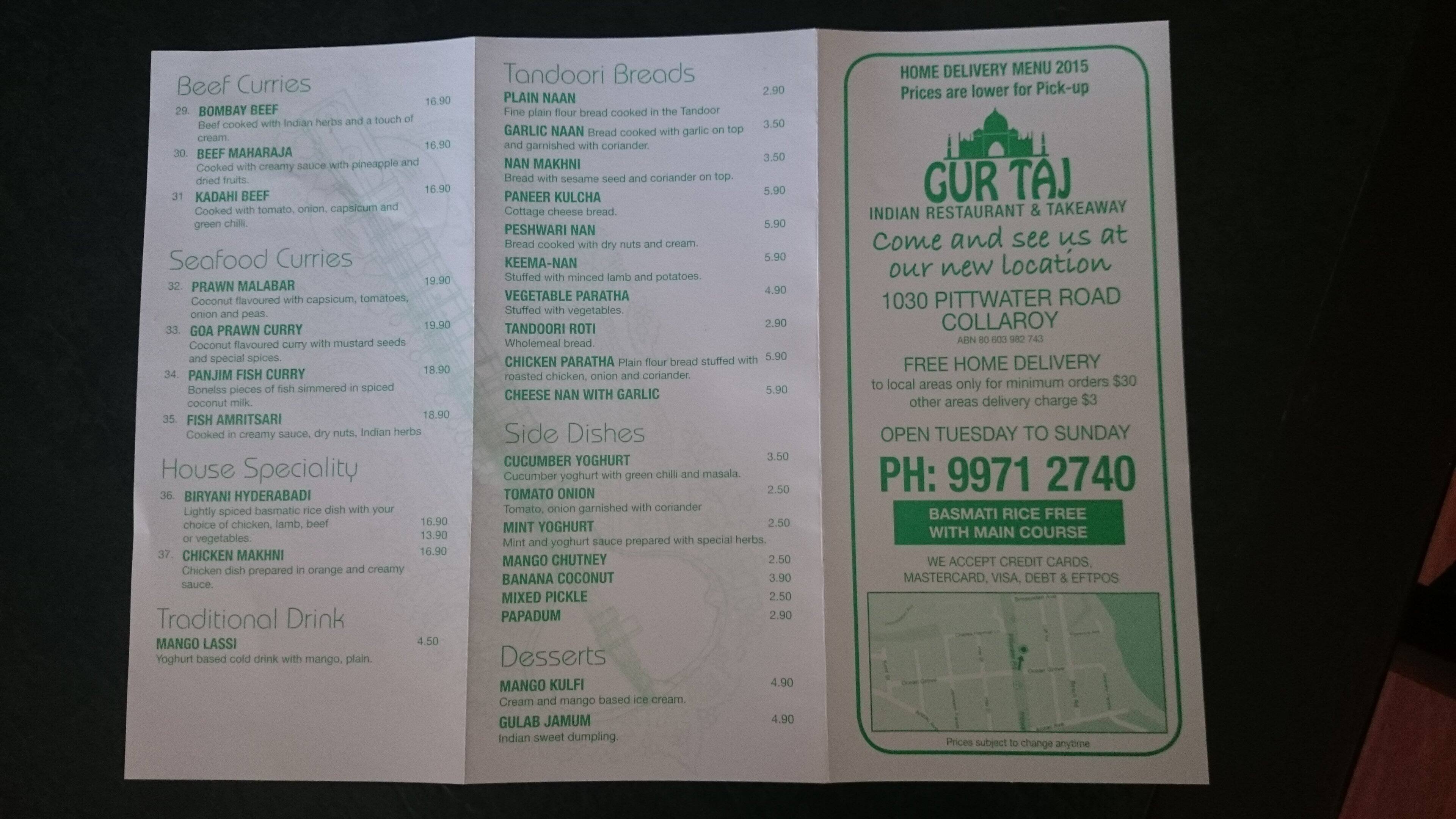 Gur Taj Menu, Menu for Gur Taj, Collaroy, Sydney Urbanspoon/Zomato