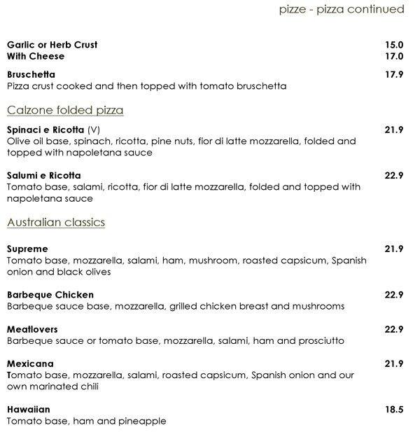 Menu at Rocco's Ristorante restaurant, Casula