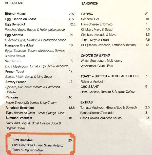 Tumi Cafe Menu, Menu for Tumi Cafe, Aspendale & Chelsea, Melbourne