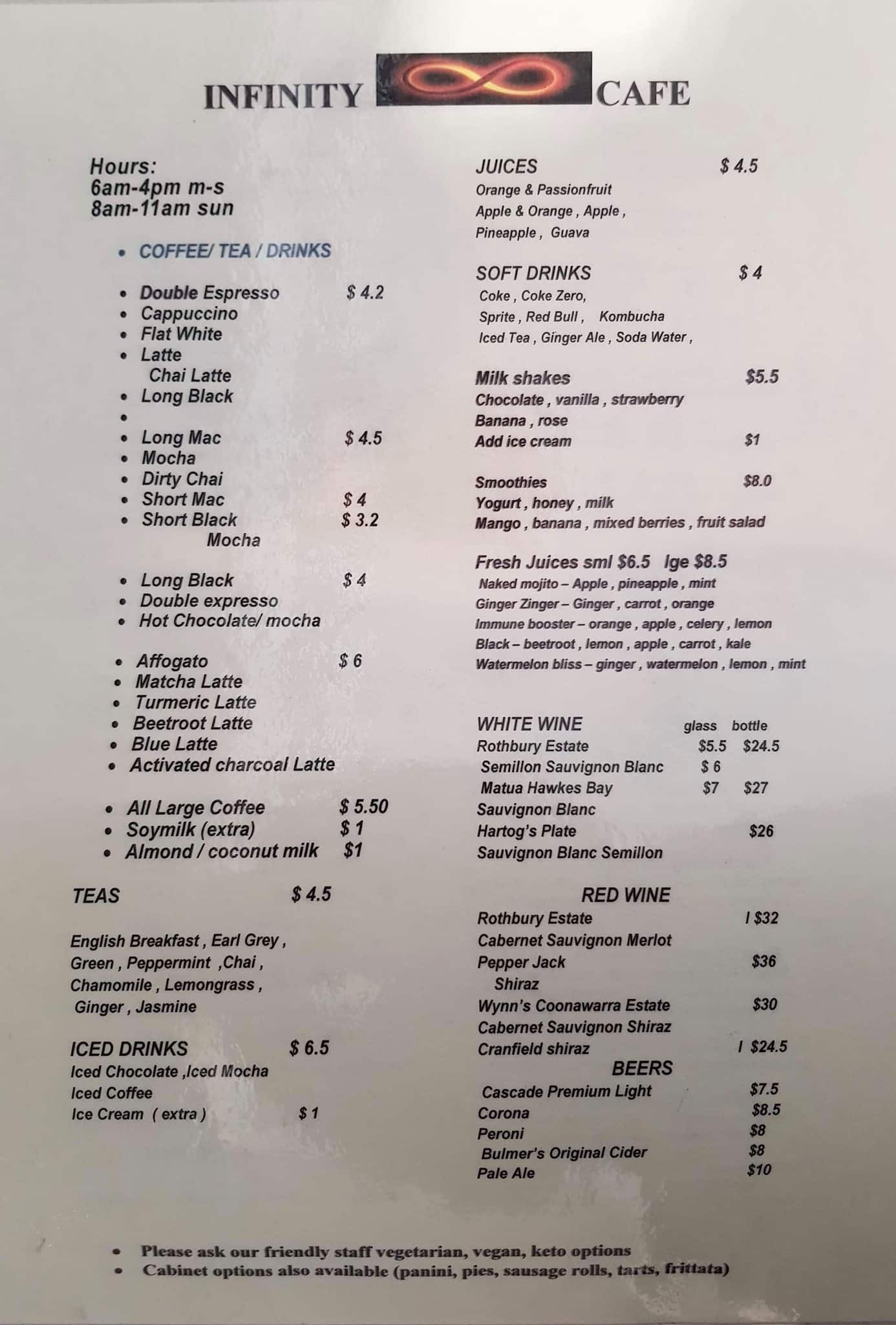 Menu at Infinity Cafe, Perth, 111/131 Adelaide Terrace