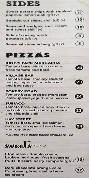 Menu At The Village Bar, Subiaco