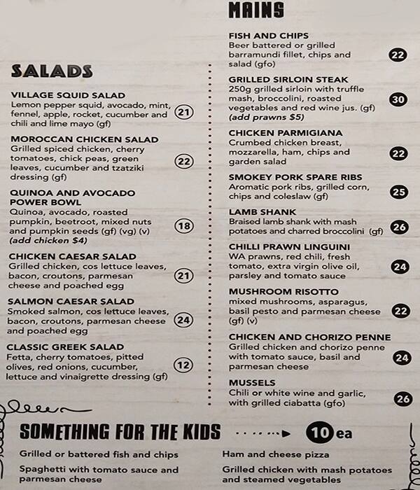 Menu at The Village Bar, Subiaco