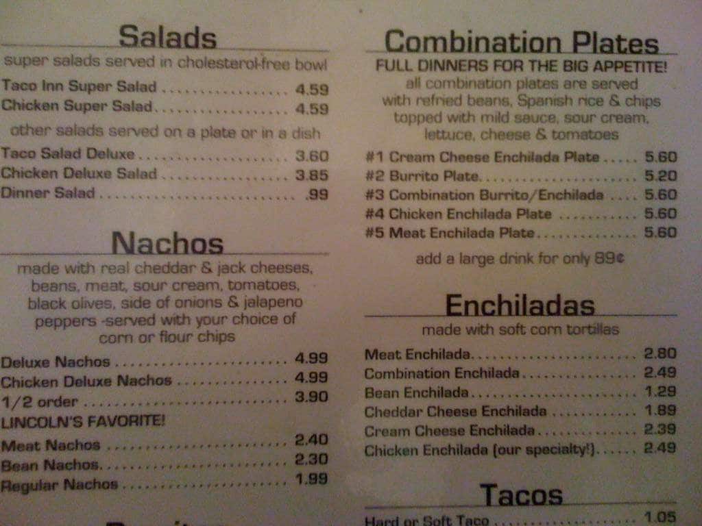 Menu at Taco Inn restaurant, Lincoln, S 48th St