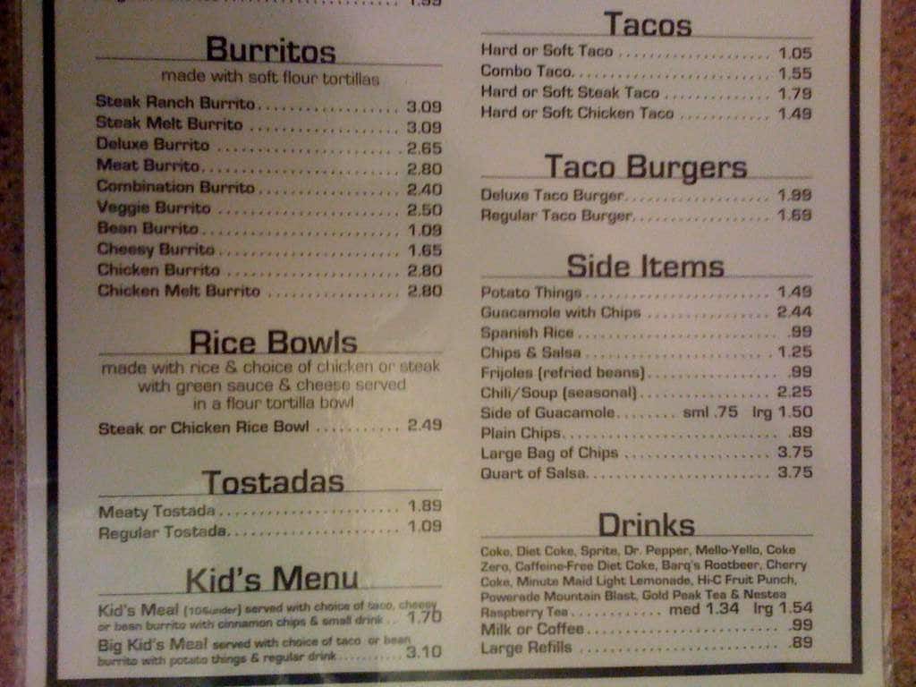 Menu at Taco Inn restaurant, Lincoln, S 48th St