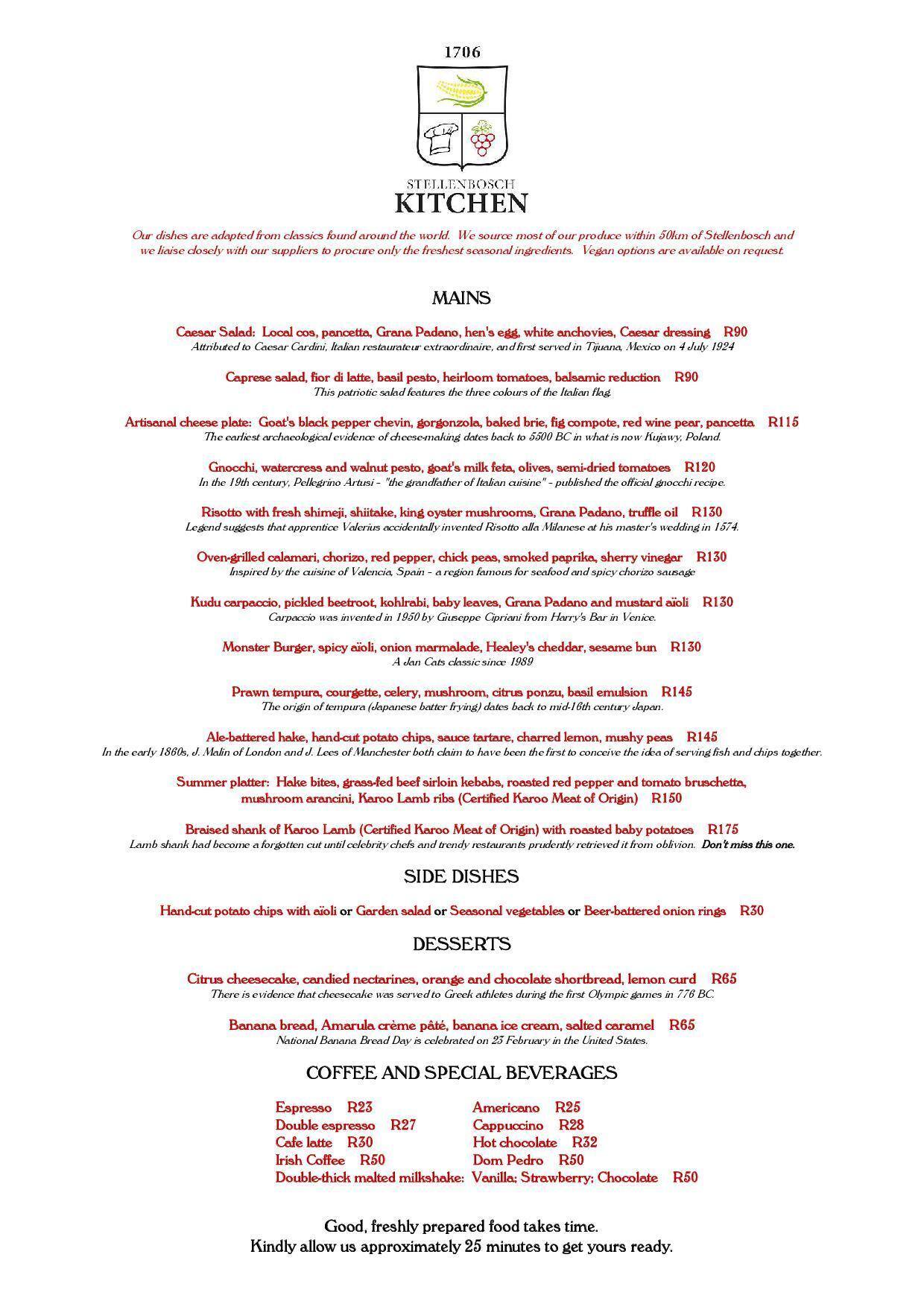 Stellenbosch Kitchen Menu, Menu for Stellenbosch Kitchen, Stellenbosch