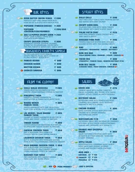 Menu of Rasta, Church Street, Bangalore