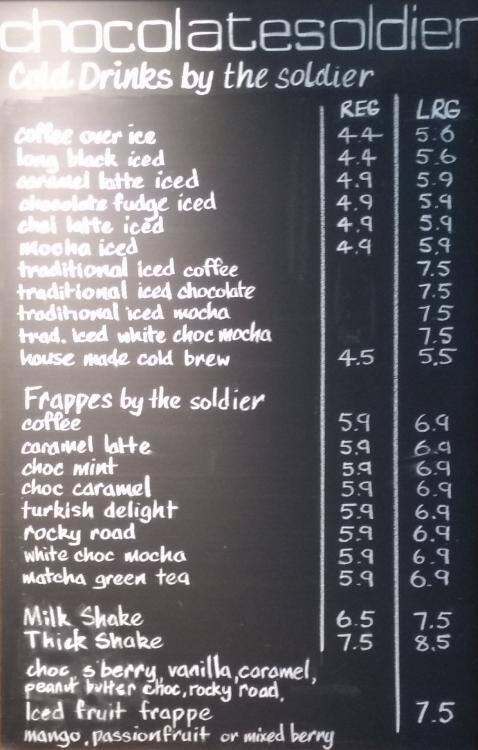 Soldier Menu Menu at Chocolate Soldier cafe, Brisbane City, 275 George St