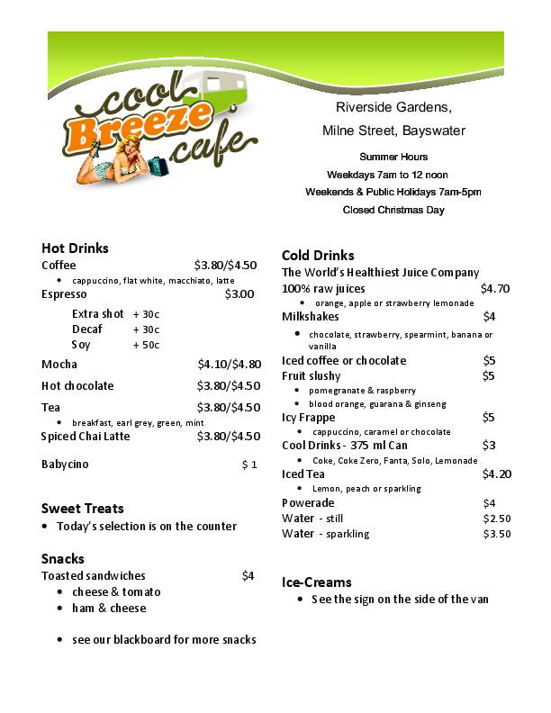 Menu at Cool Breeze Cafe, Bayswater