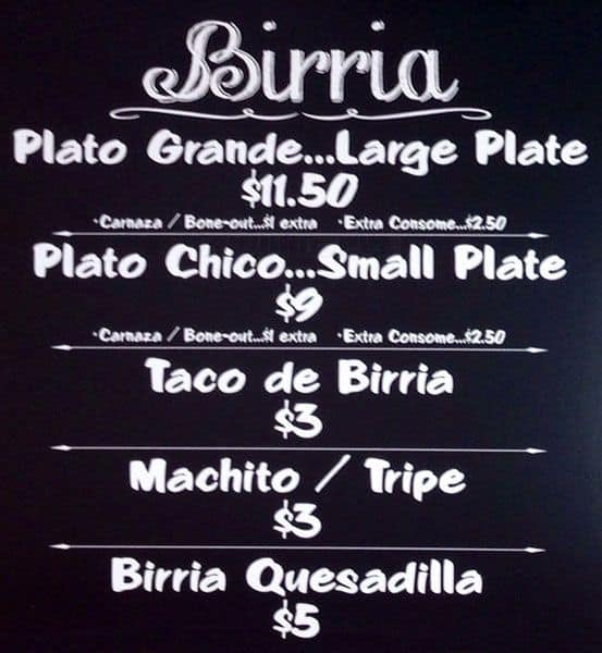 Menu at Birrieria Zaragoza restaurant, Chicago