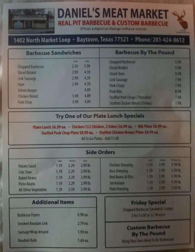 Online Menu of Daniels Meat Market and Restaurant Restaurant, Baytown
