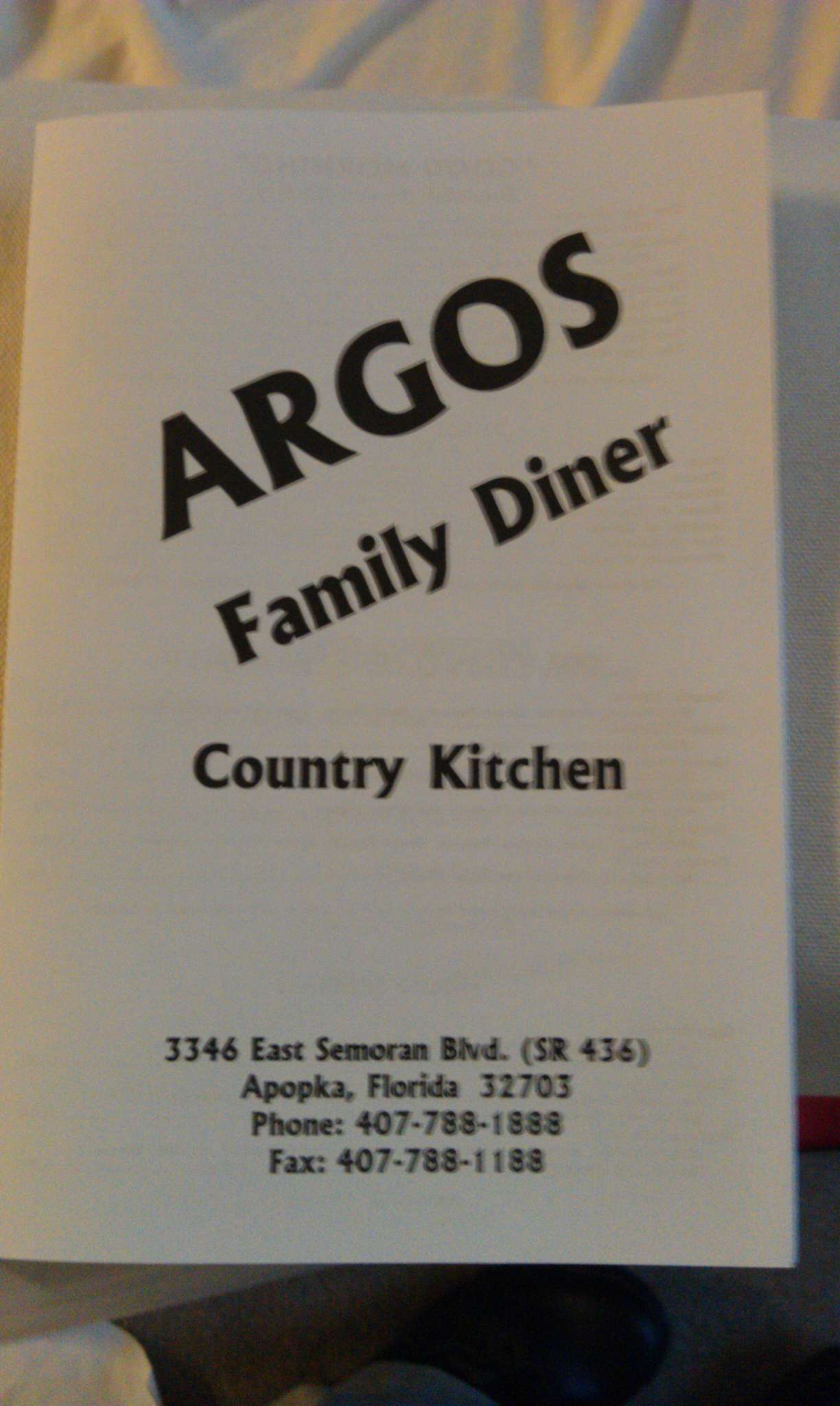 Argos Family Diner a Orlando Foto del Menu con Prezzi Urbanspoon/Zomato
