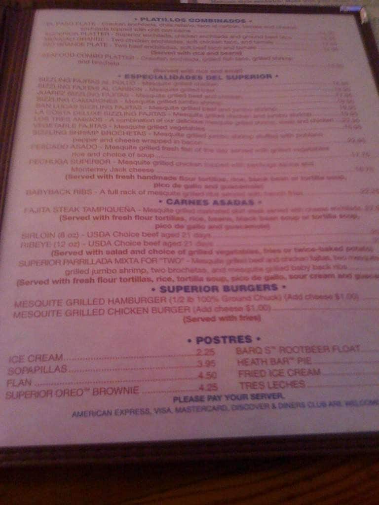 Menu at Superior Grill restaurant, New Orleans