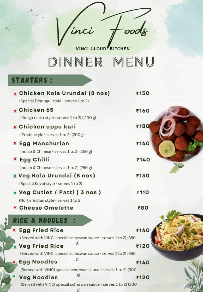 Menu of Vinci Cloud Kitchen, Peelamedu, Coimbatore
