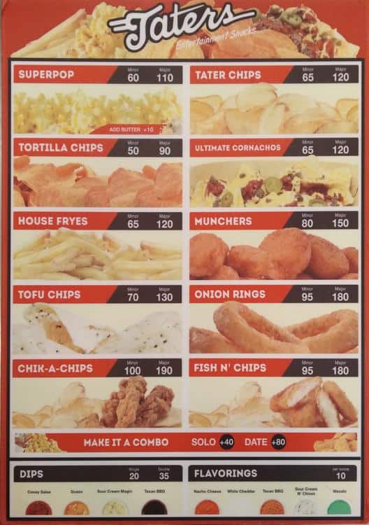 Menu at Taters Entertainment Snacks pub & bar, Makati, Glorietta 4