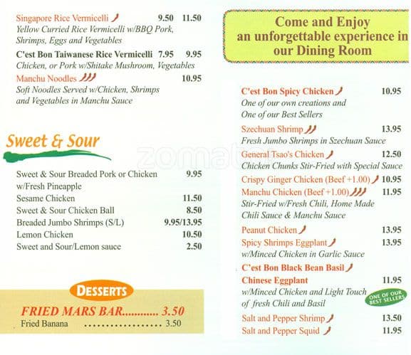 Menu at C'est Bon Restaurant, Toronto, Yonge St