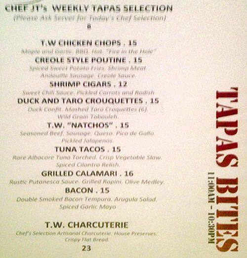 T.W.'s Bar menu