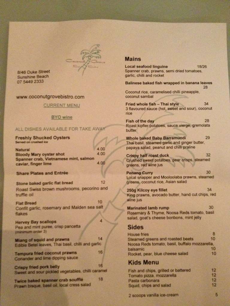 Coconut Grove Bar & Bistro Menu Urbanspoon/Zomato