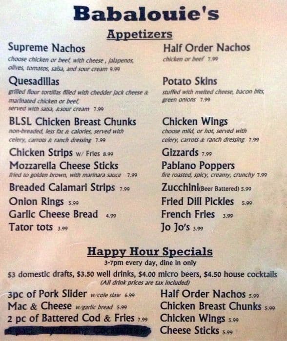 Babalouies Sports Bar Menu, Menu for Babalouies Sports Bar, Bonney Lake