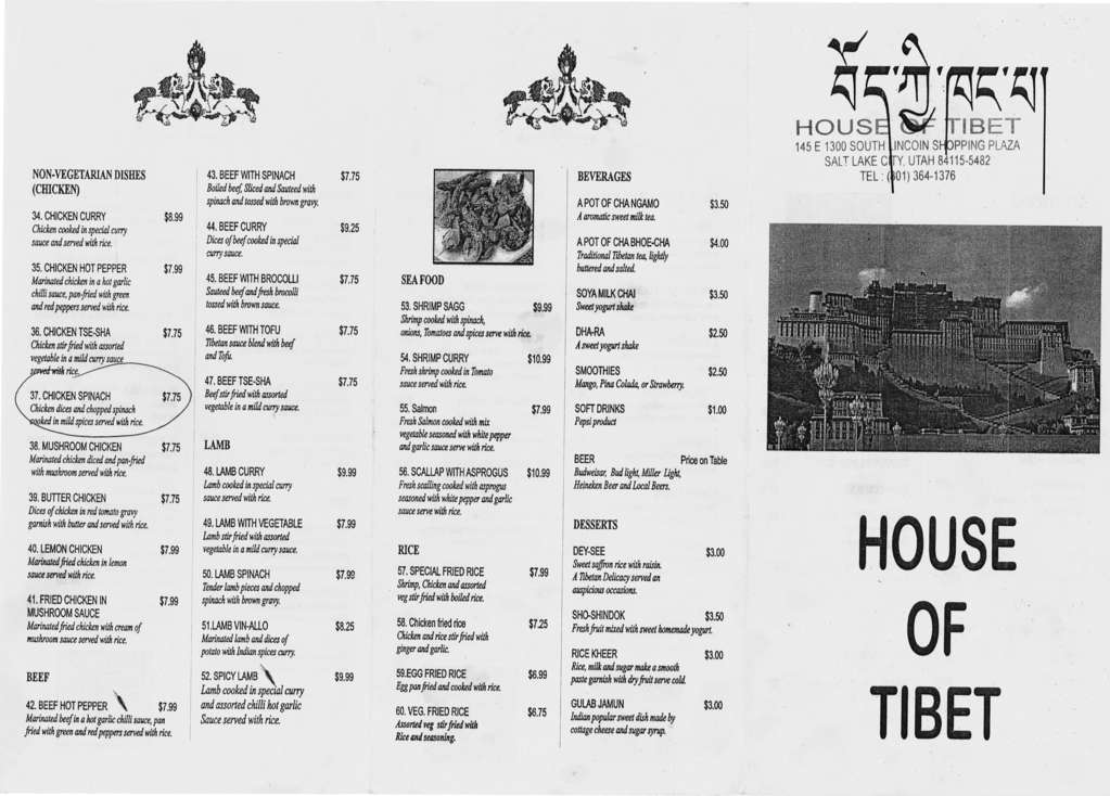 House of Tibet menu, Menu restauracji House of Tibet, Liberty Wells