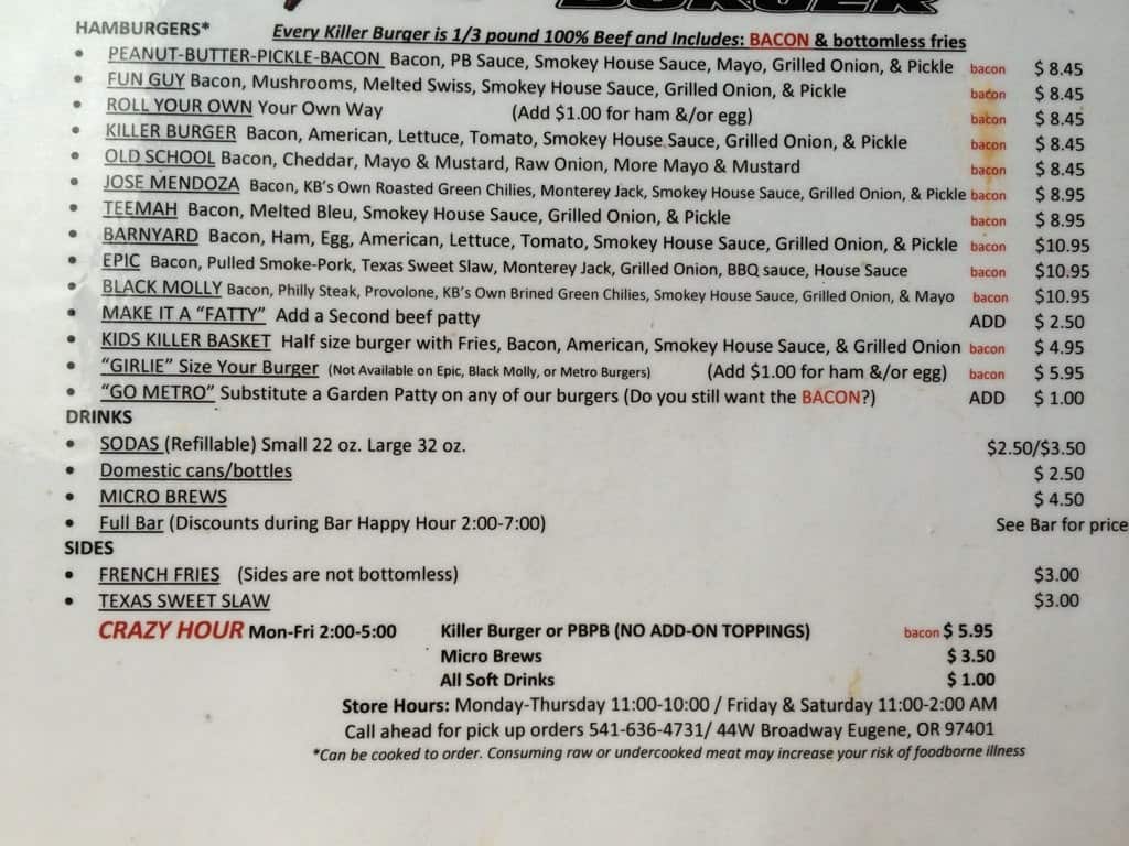Killer Burger Menu, Menu for Killer Burger, Eugene, Eugene Urbanspoon
