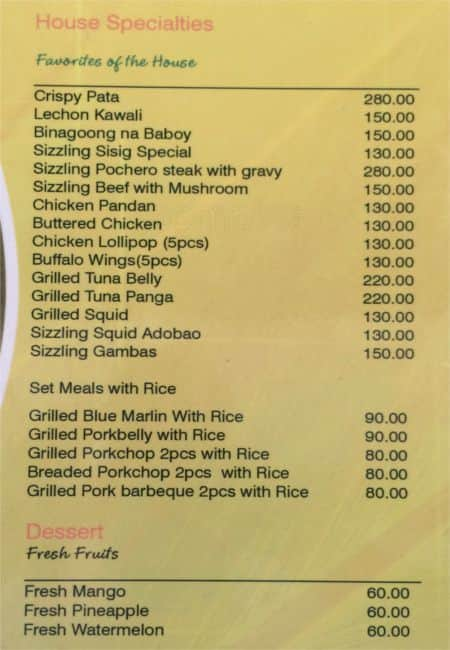 Menu at Sugbahan restaurant, Mandaue City, 881 A. S. Fortuna St