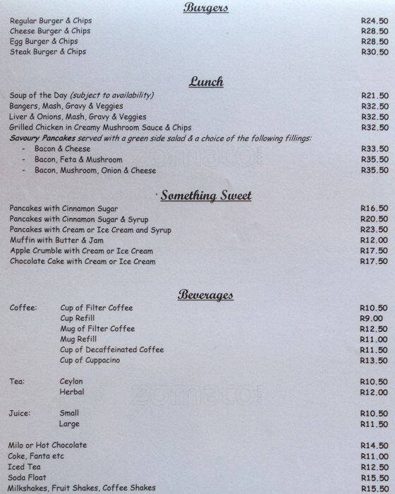 Menu at Peaches Coffee Shop cafe, Cape Town