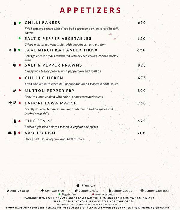 Menu at Okra, Hyderabad