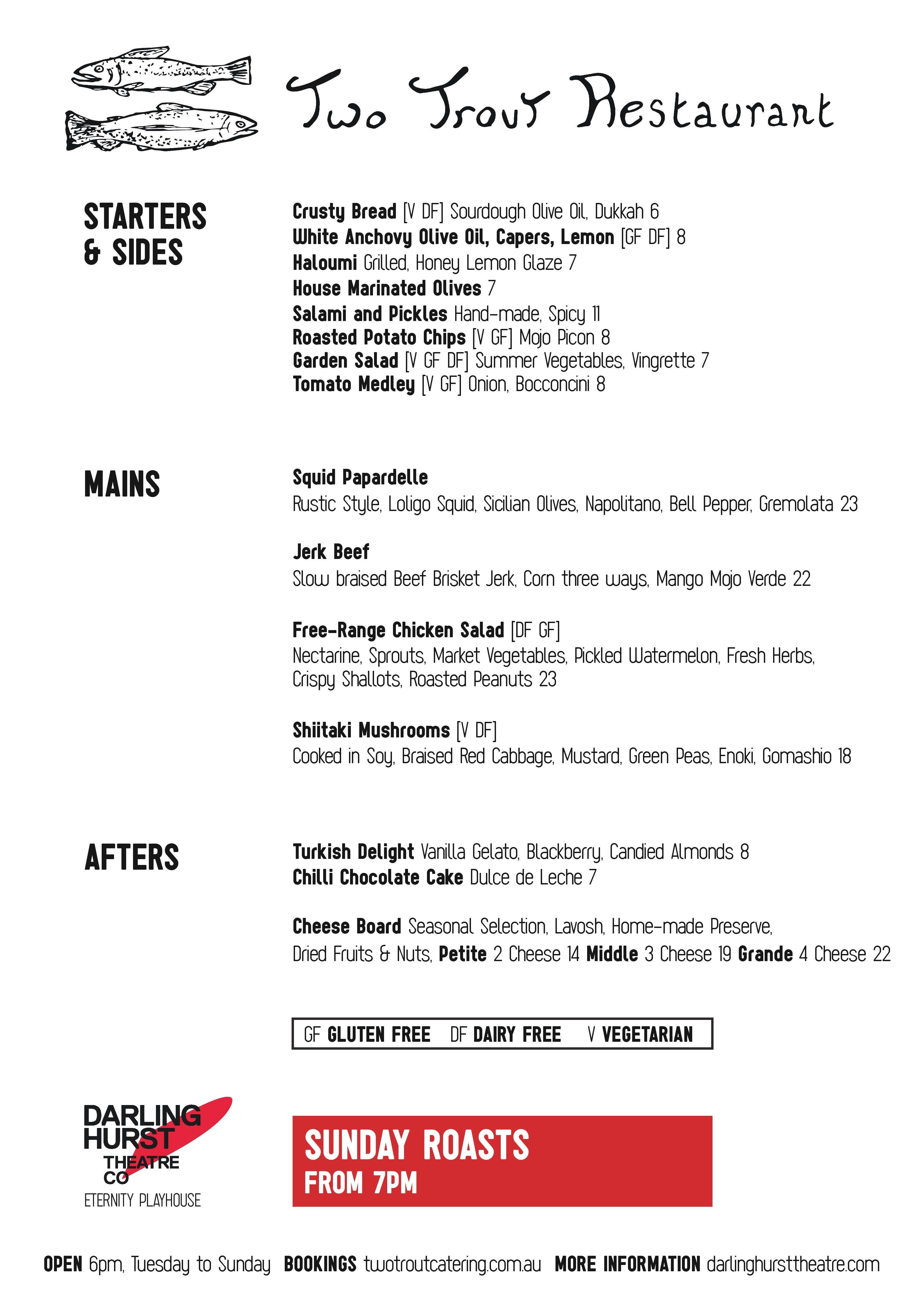 Two Trout Restaurant Menu, Menu for Two Trout Restaurant, Darlinghurst