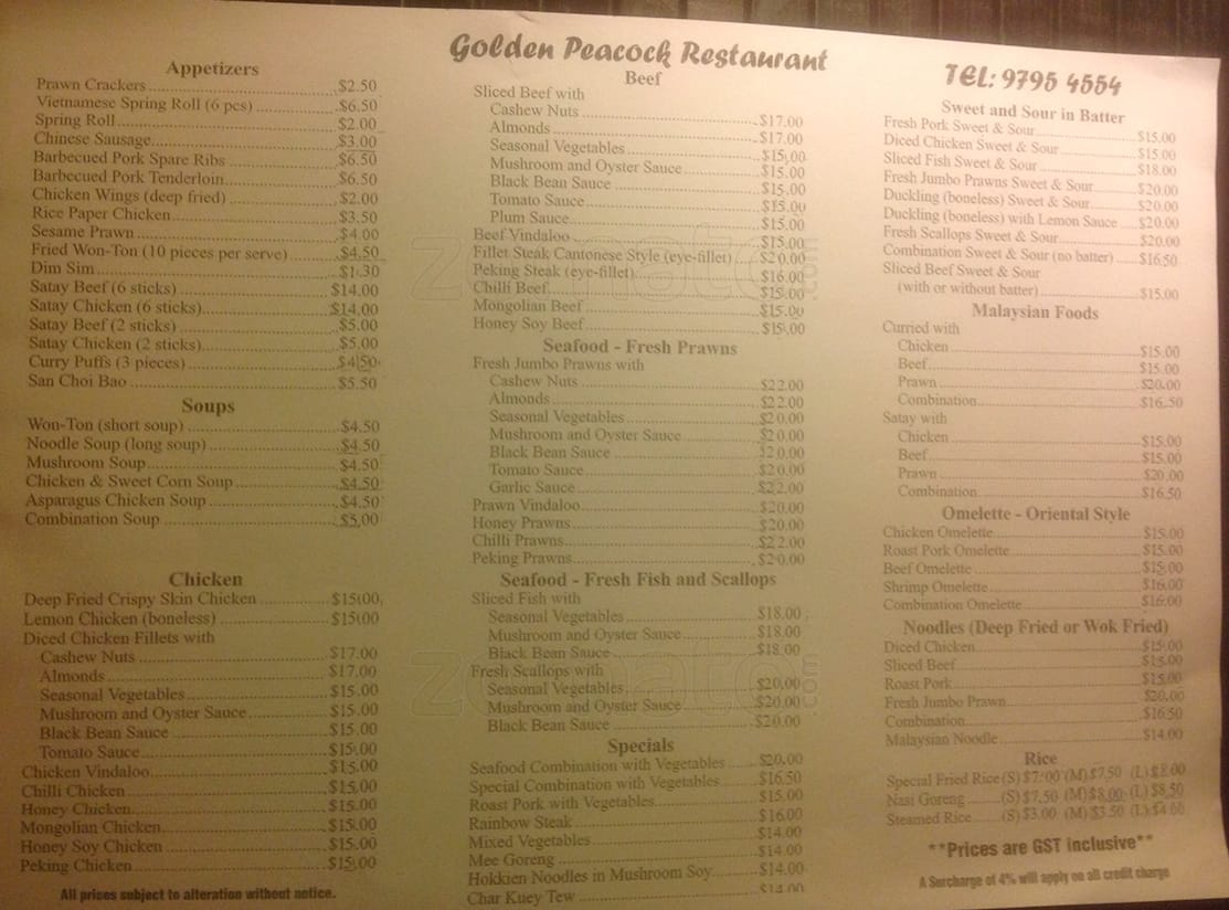 Menu at Golden Peacock Restaurant, Dandenong North