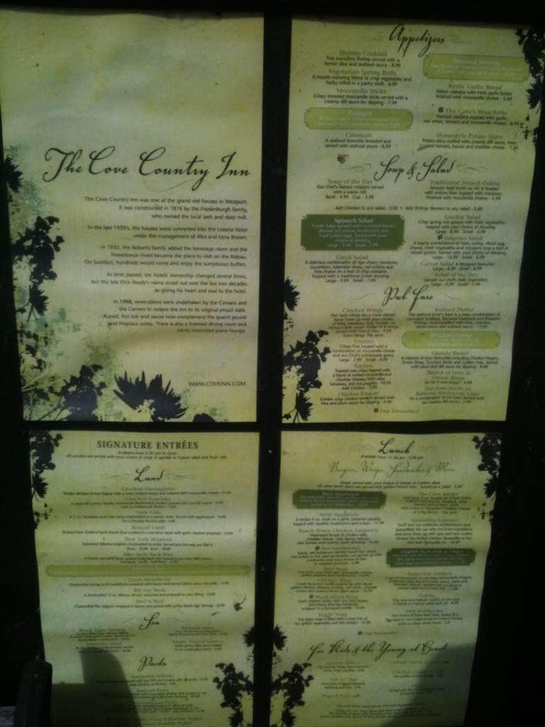 Menu at The Cove Inn restaurant, Westport