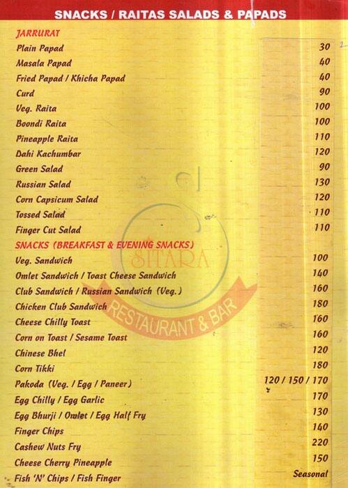 Sitara Fine Dine Bar and Banquets menu