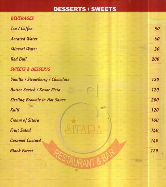 Sitara Fine Dine Bar and Banquets menu