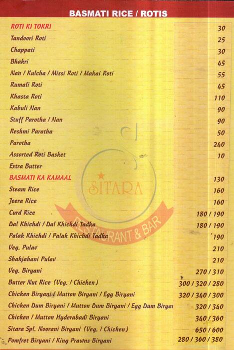 Sitara Fine Dine Bar and Banquets menu