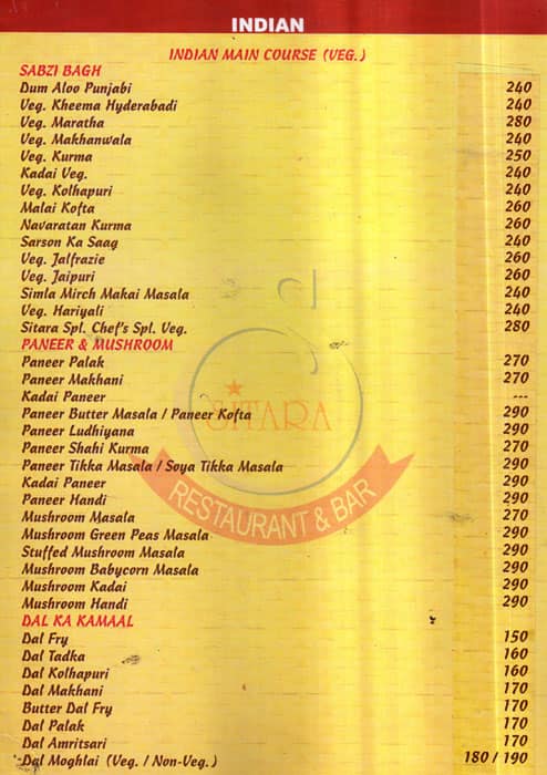 Sitara Fine Dine Bar and Banquets menu