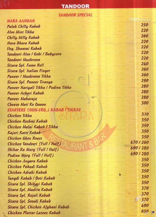 Sitara Fine Dine Bar and Banquets menu