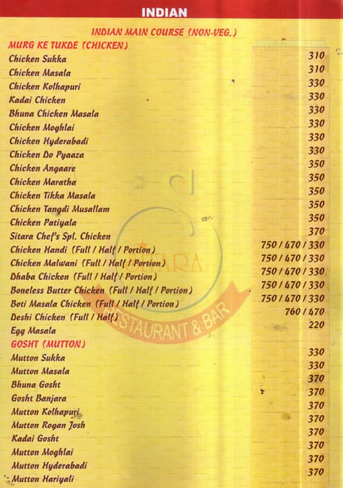 Sitara Fine Dine Bar and Banquets menu