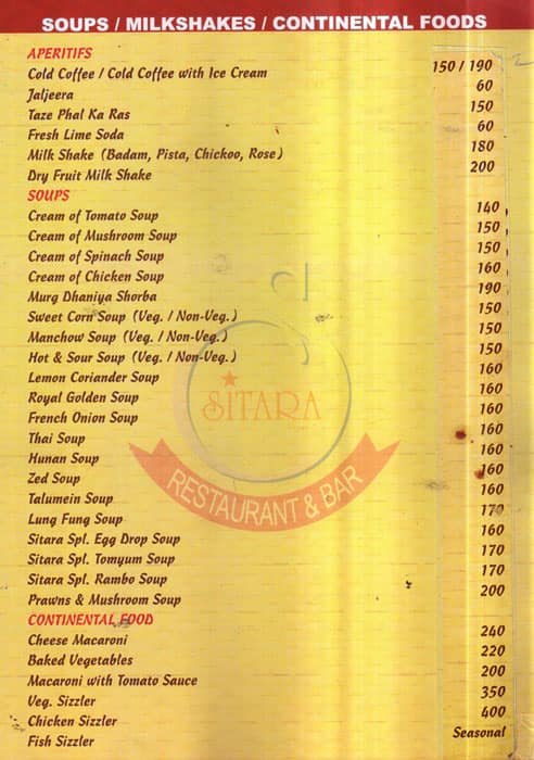 Sitara Fine Dine Bar and Banquets menu