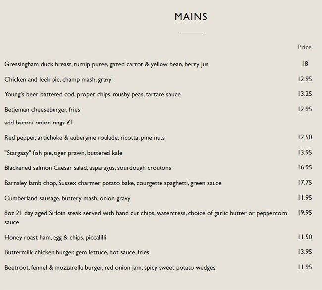 Betjeman Arms menu