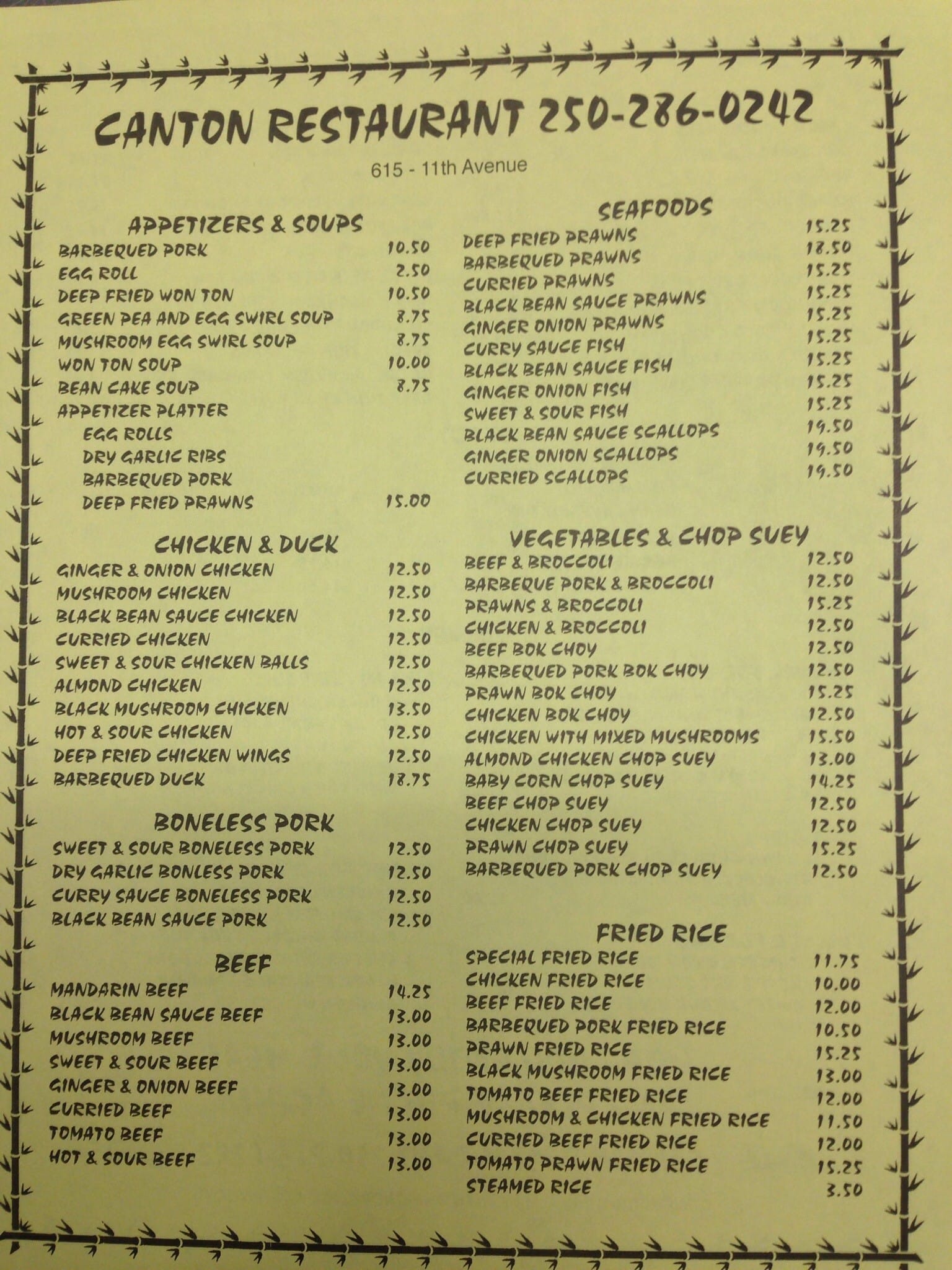 Menu at Canton restaurant, Campbell River