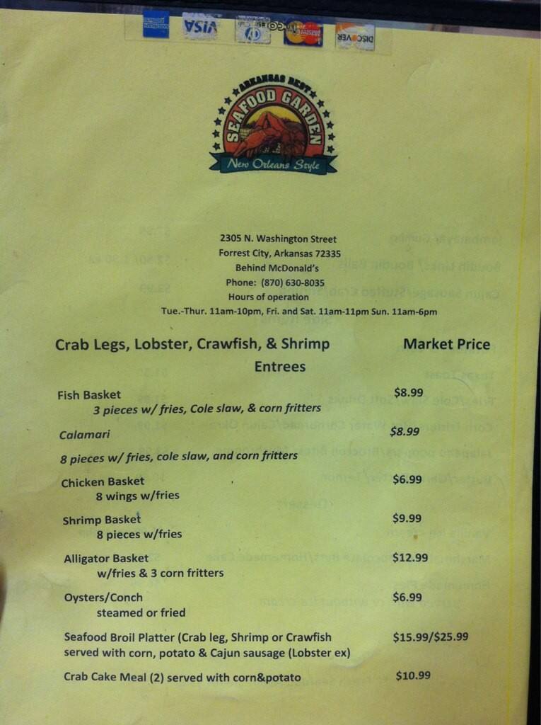 Arkansas Best Seafood Garden Menu