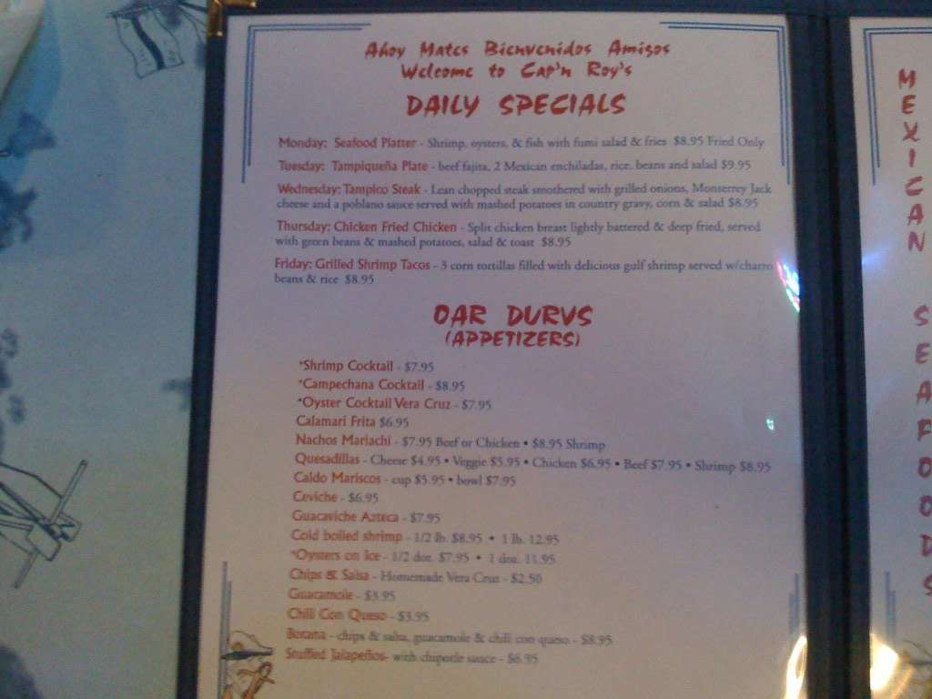 Cap'n Roy's Menu, Menu for Cap'n Roy's, South Padre Island, Brownsville
