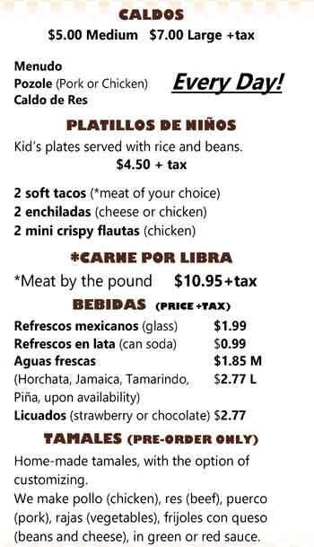 Menu at El Taco Rico, Irving, 3880 Irving Mall