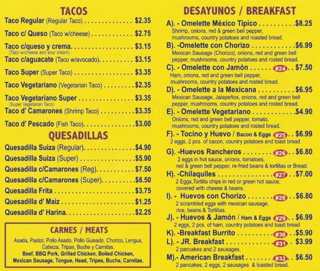 Menu at Mexico Tipico restaurant, San Francisco